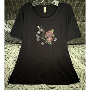 Vintage Women's T-Shirt Black Anvil 3D Embellishing Flower Lip Tops Size L